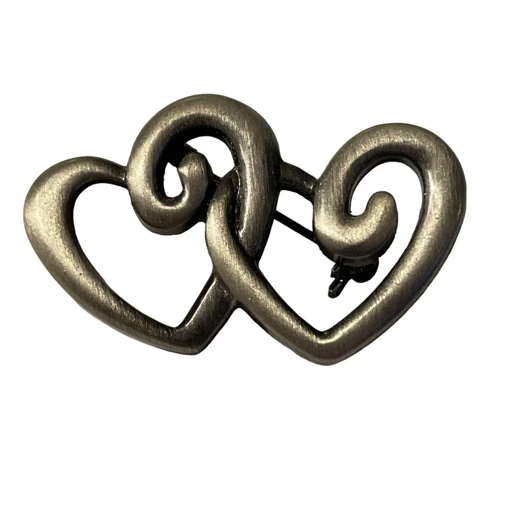 Open Double‎ Heart Intertwined Brooch Pin Silver Tone Metal Love Gift Vintage